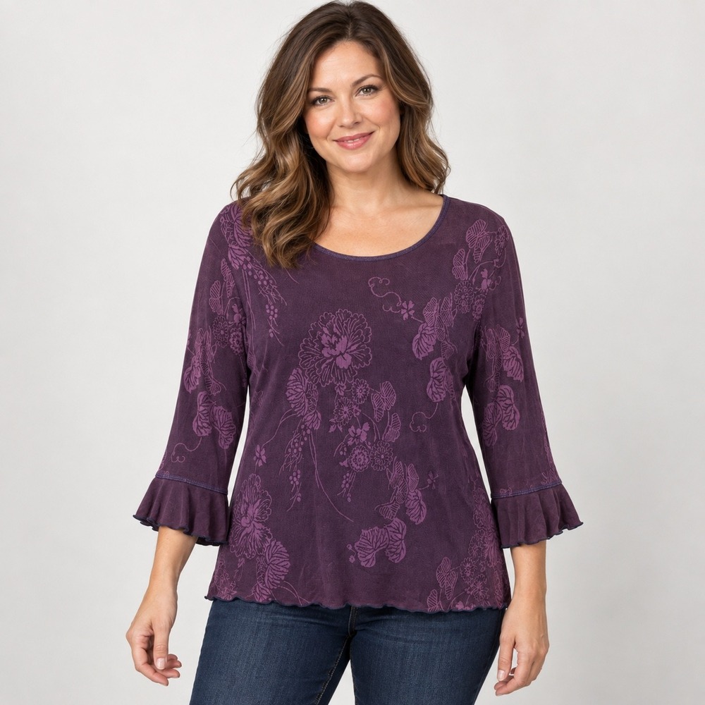 Y2K Vintage Graff Floral Top Women Med Purple Slinky Whimsigothic Romantic 11928